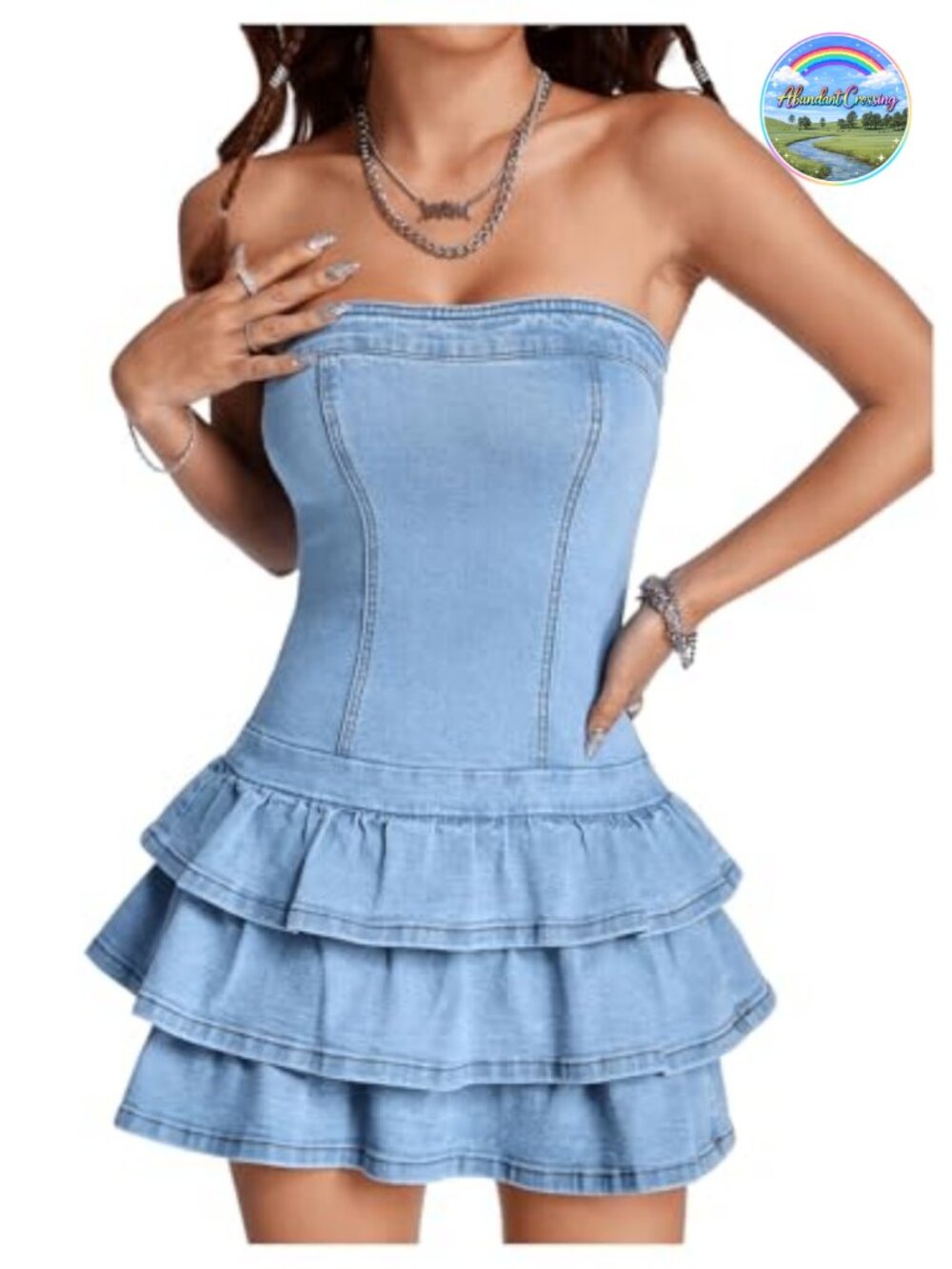 Strapless Ruffled Mini Denim Dress Bandeau Bodycon Summer